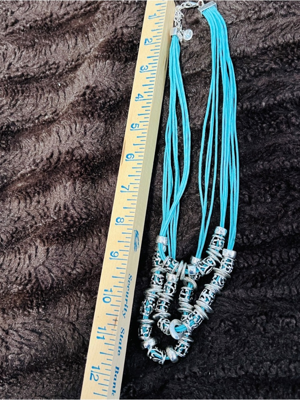 Boho Teal Multi-Strand Statement Necklace Silvertone Disc Shaped Beads Layered